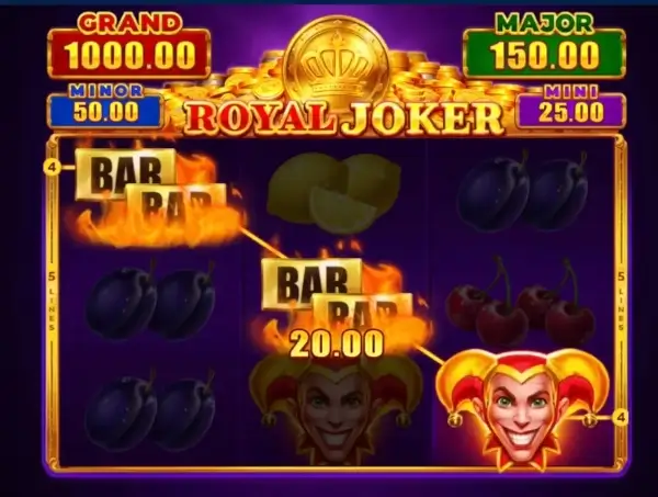 Royal Joker Gewinn im Hauptspiel mit BAR-Symbolen und Joker-Wild, das eine Gewinnlinie vervollständigt